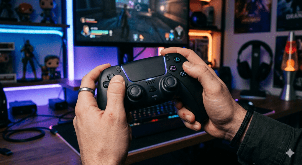 Jugador sosteniendo control de PS5 jugando online